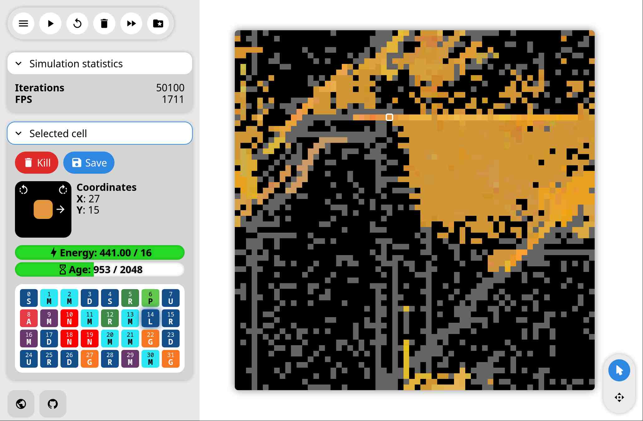 Screenshot of a website with sidebar on the left and canvas in center showing a grid of colorful cells