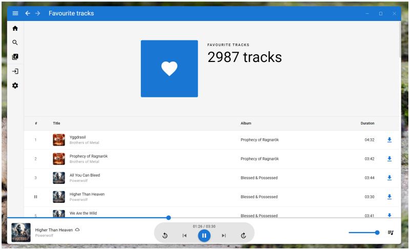 Screenshot of a music player application showing a page with liked tracks